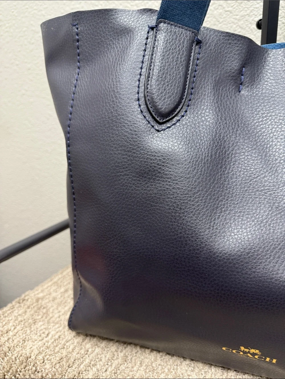 Coach Dark Navy Large Leather Derby Tote with Blue Webbed Handles- NWOT